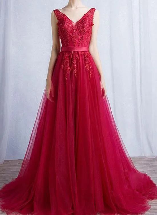 Stunning Red Prom Dress with V-neckline and Applique