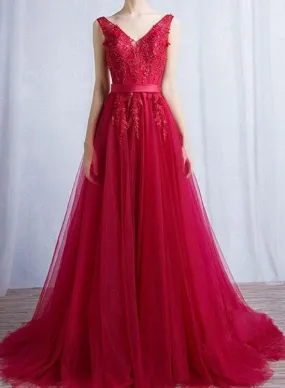 Stunning Red Prom Dress with V-neckline and Applique