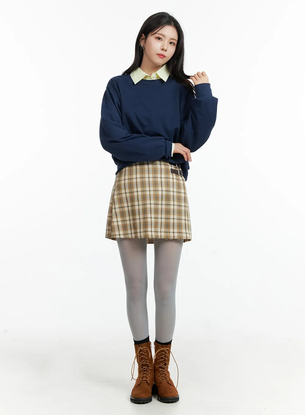 Checker Pattern Buckle Mini Skirt Model OF415