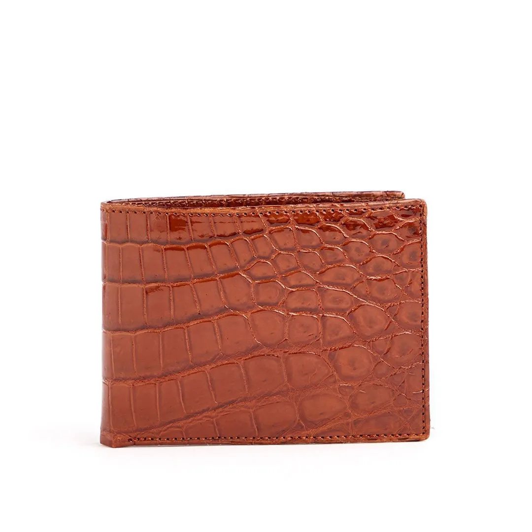 Classic Slim Bi-Fold Crocodile Wallet in Cognac