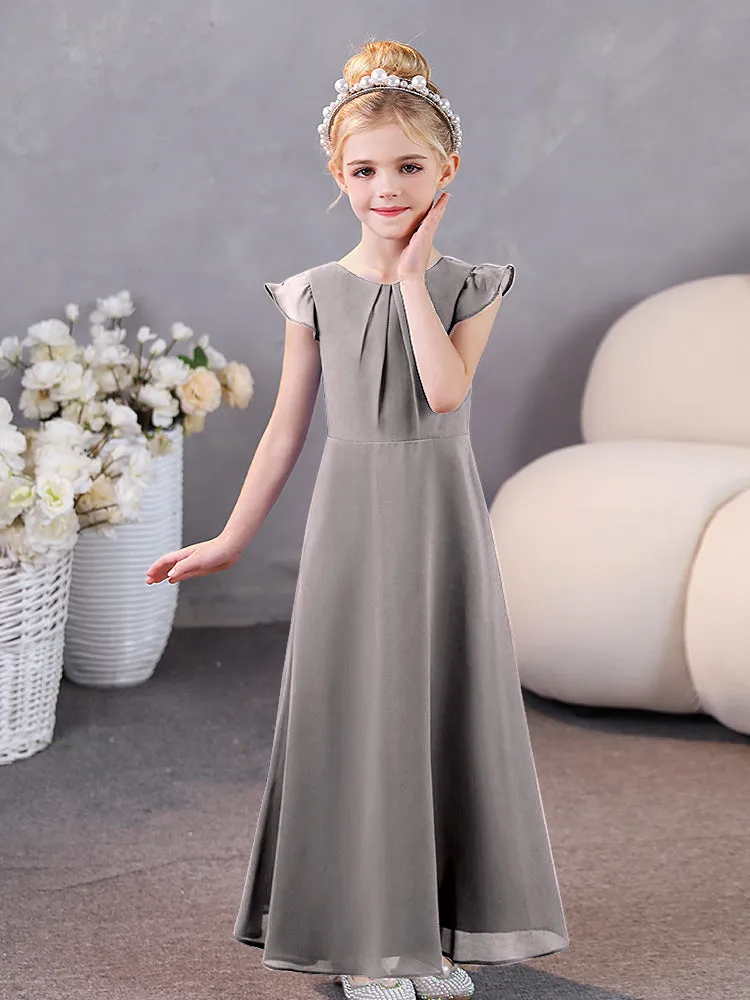 Junior Bridesmaid Chiffon Dress with Pleated Round Collar