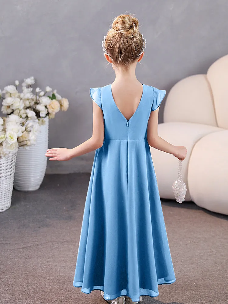 Junior Bridesmaid Chiffon Dress with Pleated Round Collar