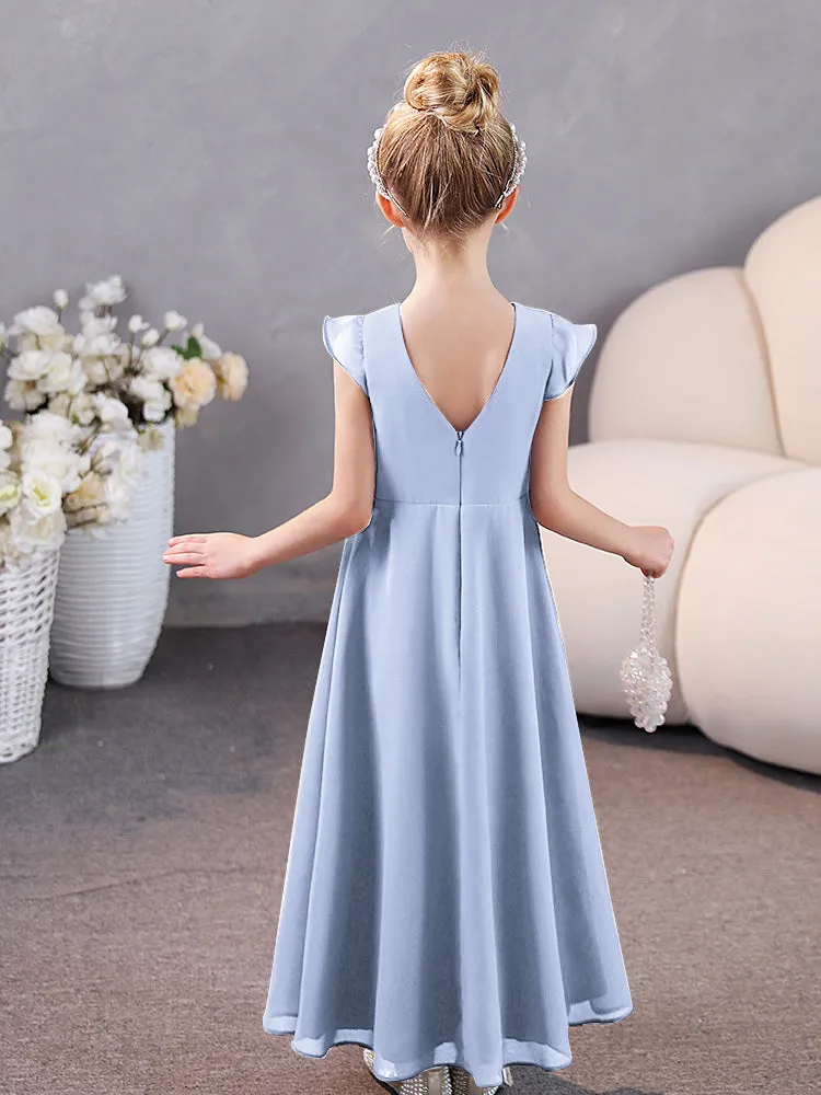 Junior Bridesmaid Chiffon Dress with Pleated Round Collar