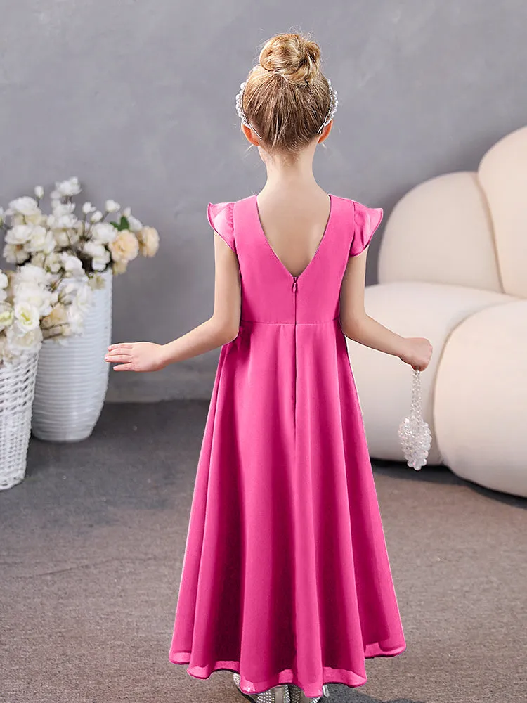 Junior Bridesmaid Chiffon Dress with Pleated Round Collar