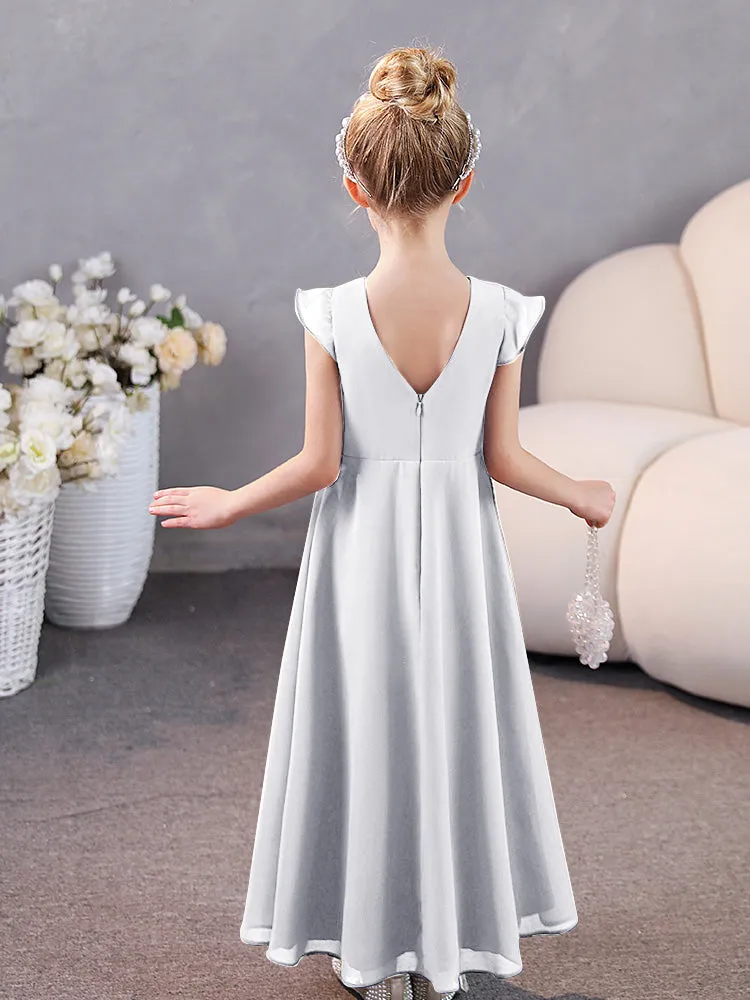 Junior Bridesmaid Chiffon Dress with Pleated Round Collar