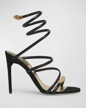 Crystal Ankle-Wrap Serpente Leather Sandals