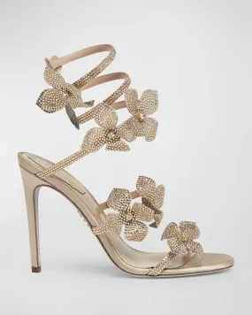 Crystal Embellished Floral Ankle-Wrap Sandals