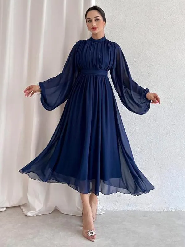 Dark Navy Pleated Tulle Dress with Long Sleeves and Empire Waist