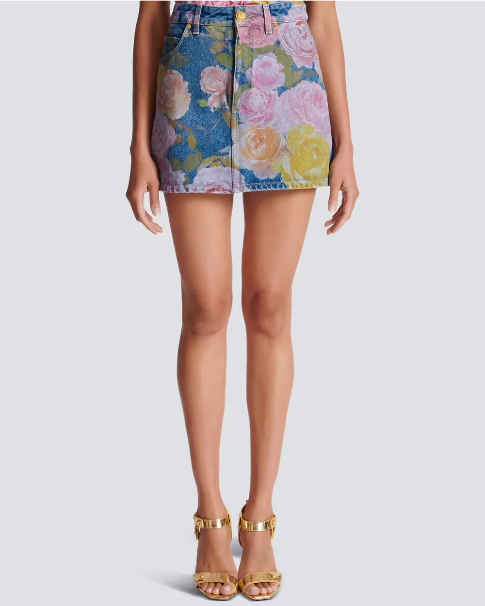 Pastel Rose Print Denim Mini Skirt