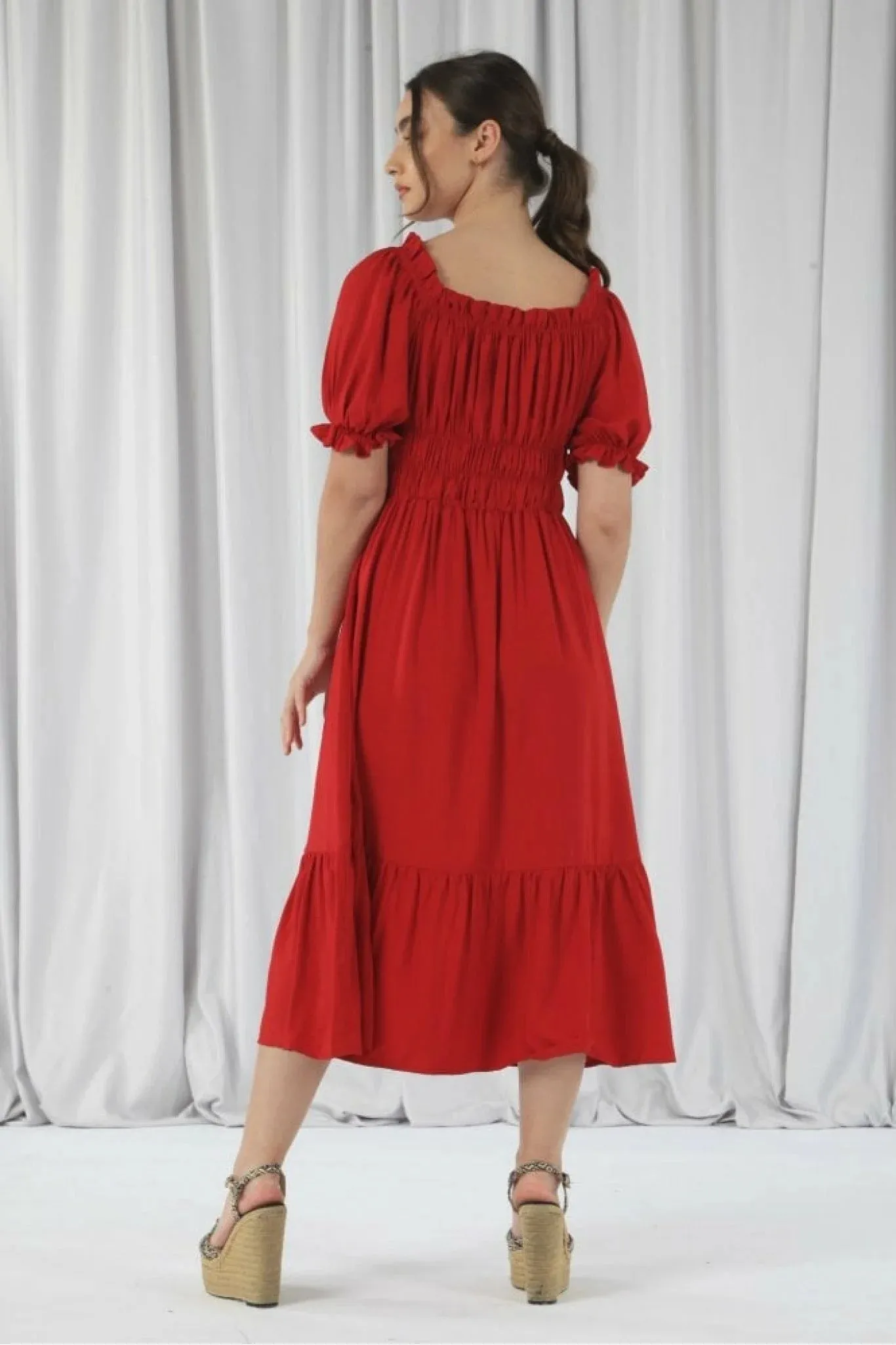 Red Bardot Midi Dress with Double Second