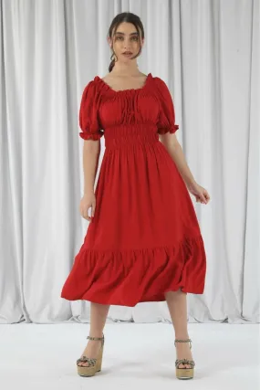 Red Bardot Midi Dress with Double Second