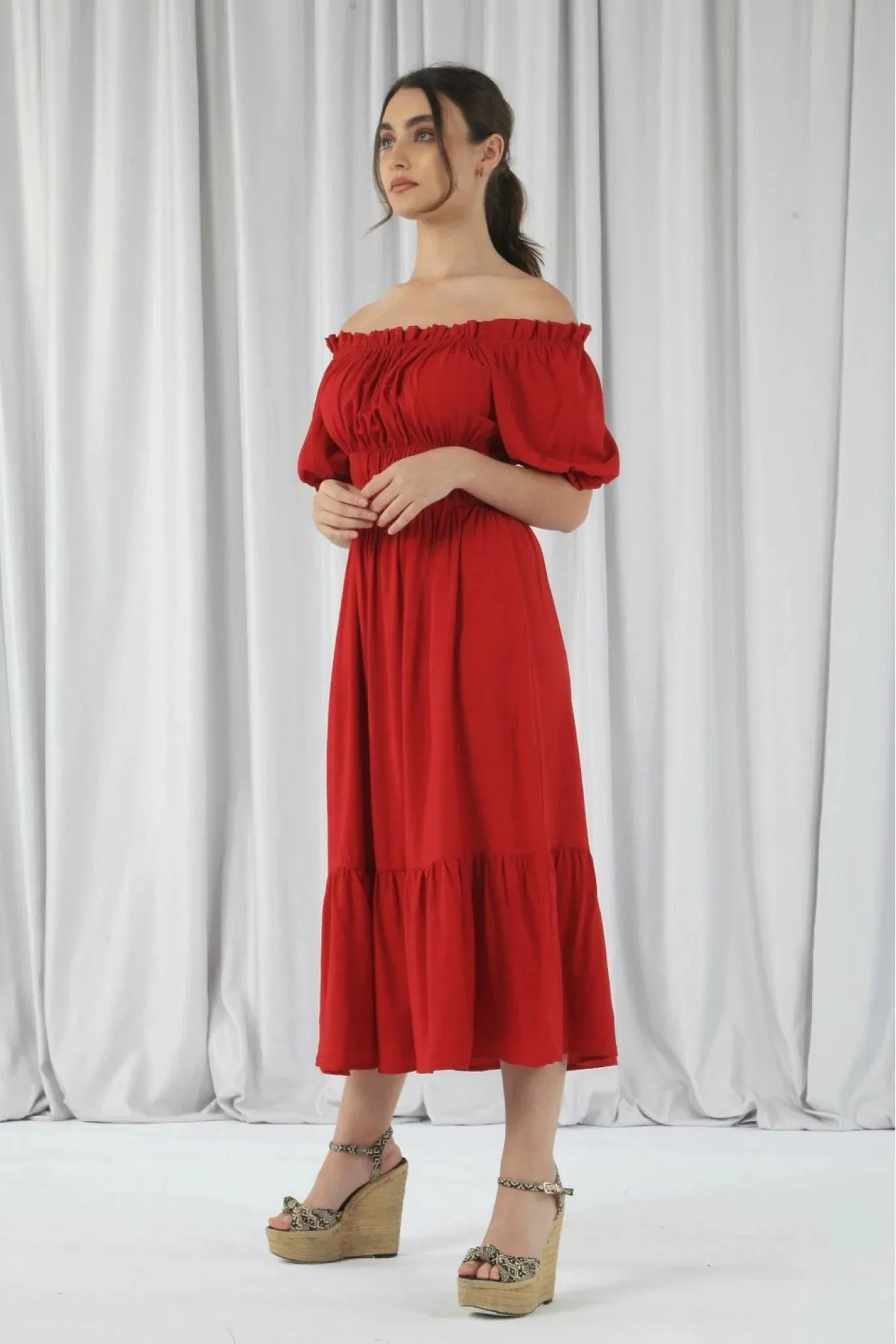 Red Bardot Midi Dress with Double Second