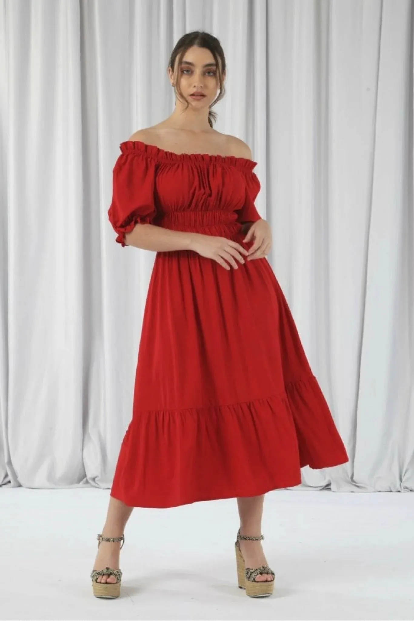 Red Bardot Midi Dress with Double Second