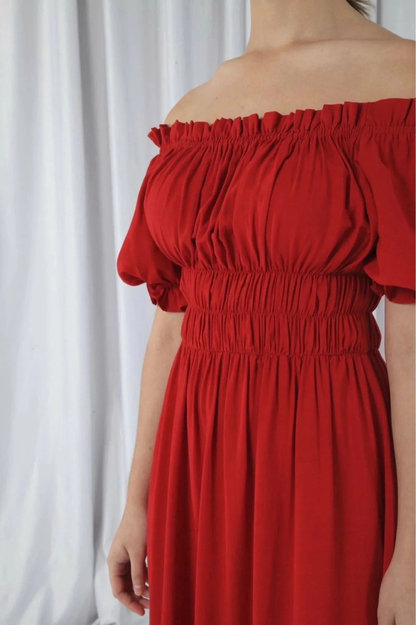 Red Bardot Midi Dress with Double Second