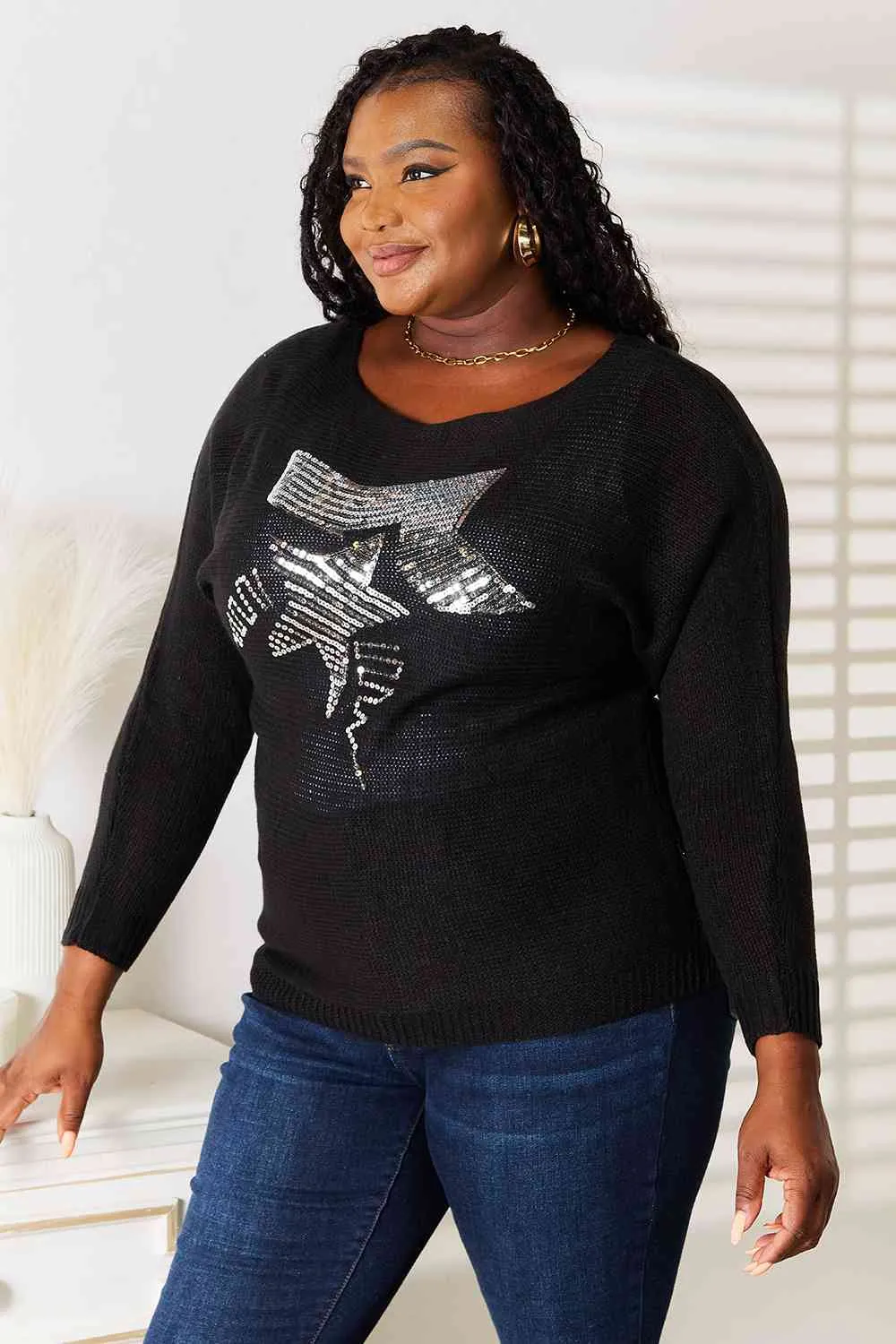 Dual Look Graphic Sequin Knit Top with Dolman Sleeves