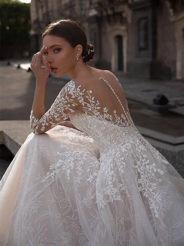 Graceful White Wedding Gown with Long Sleeves