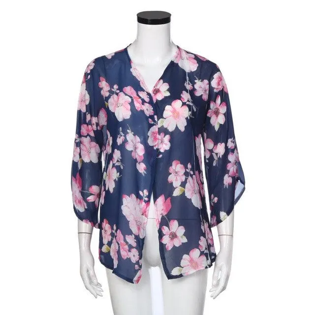 Floral Print Kimono Cardigan Beach Chiffon Loose Fit Top