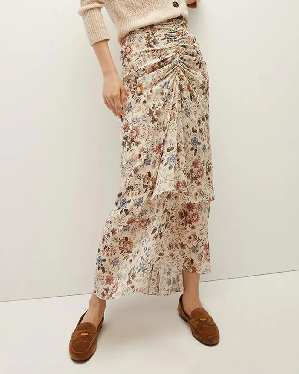 Ecru Floral Ruched Sira Skirt