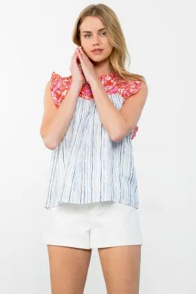 Striped Top with Ruffled Sleeves, Flower Print