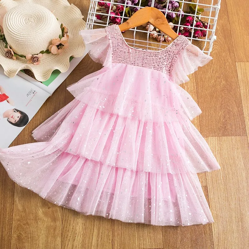 Girls Puffy Sleeve Tulle Dresses For Kids Princess Costume