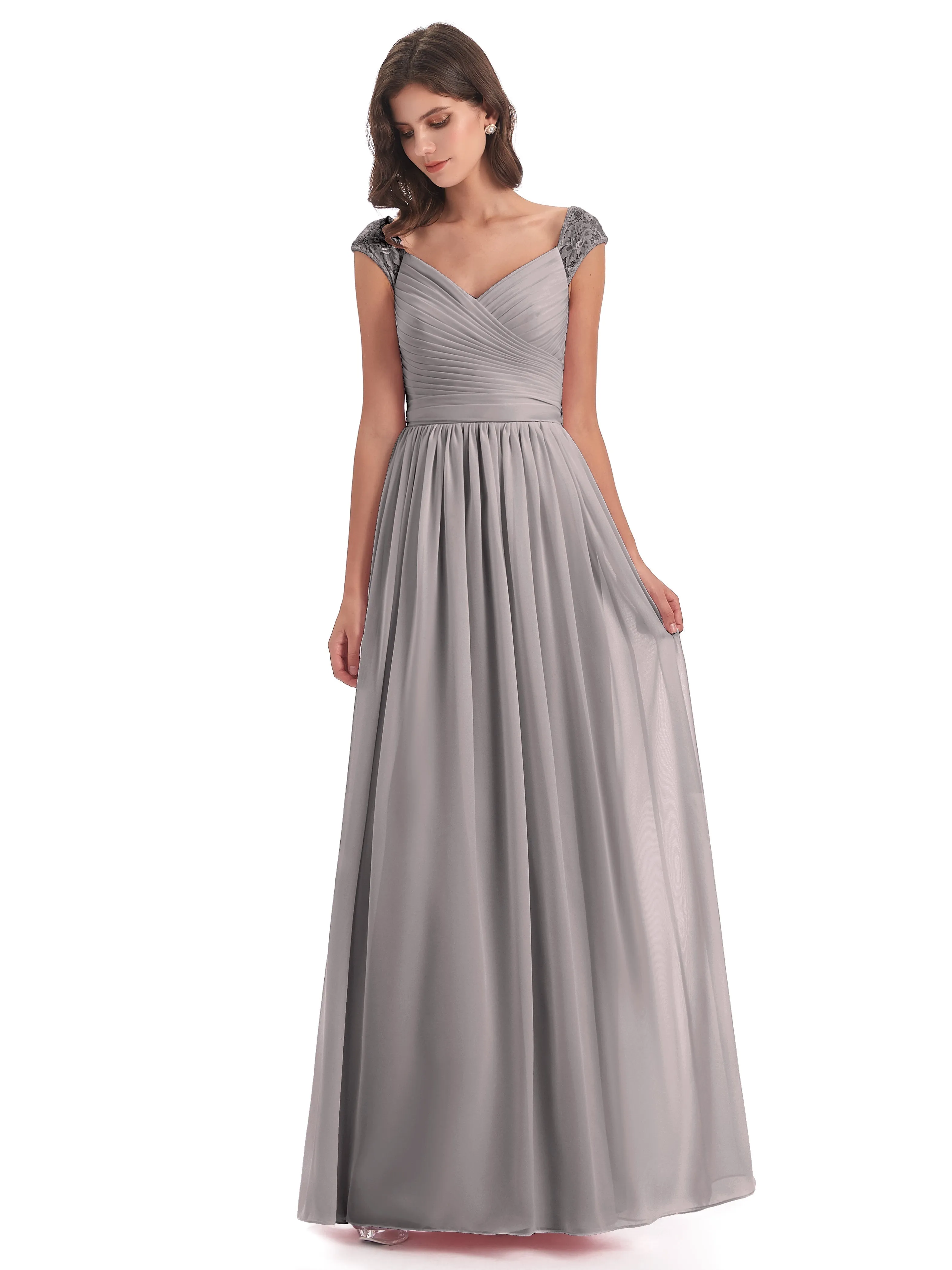 Soirée Chiffon Col V Sleeve Trims Emy Gowns