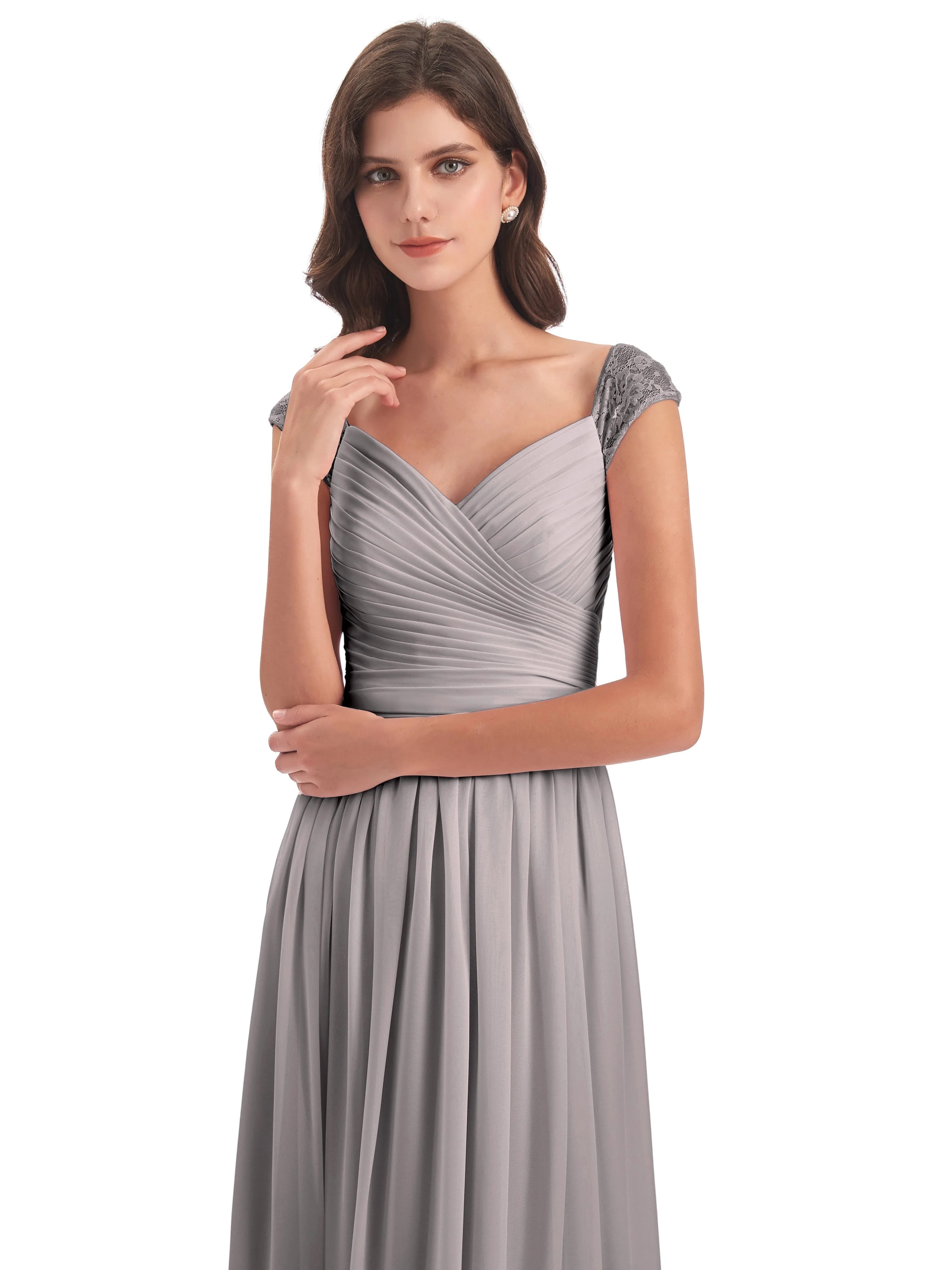 Soirée Chiffon Col V Sleeve Trims Emy Gowns