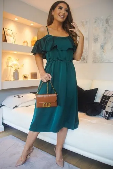 Green Off Shoulder Satin Midi Dress