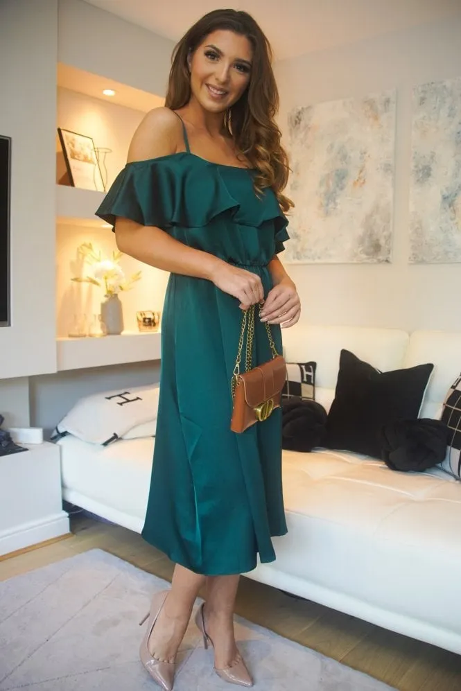 Green Off Shoulder Satin Midi Dress