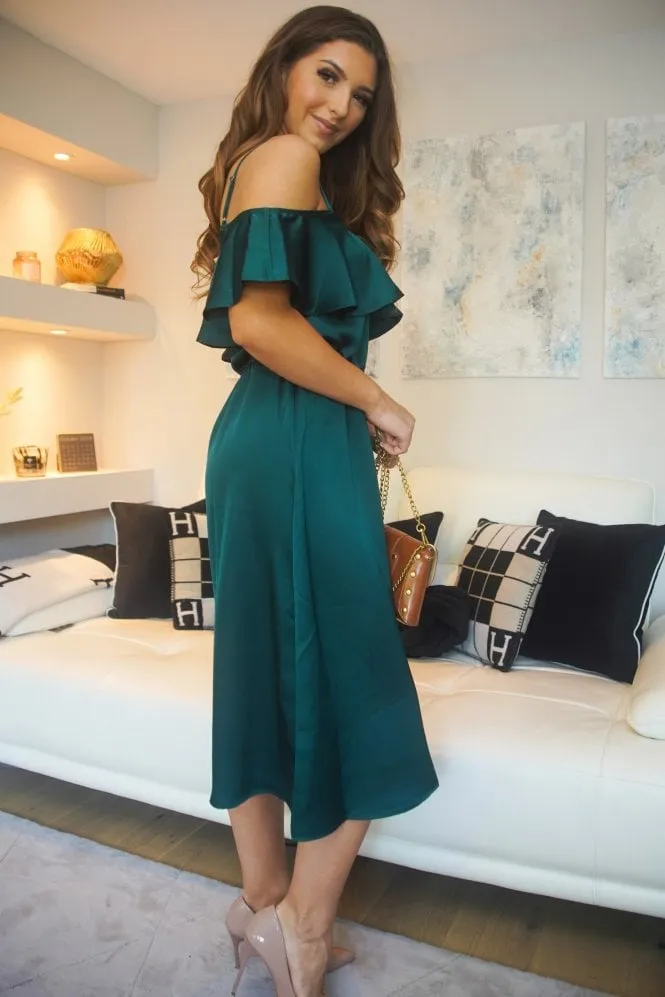 Green Off Shoulder Satin Midi Dress