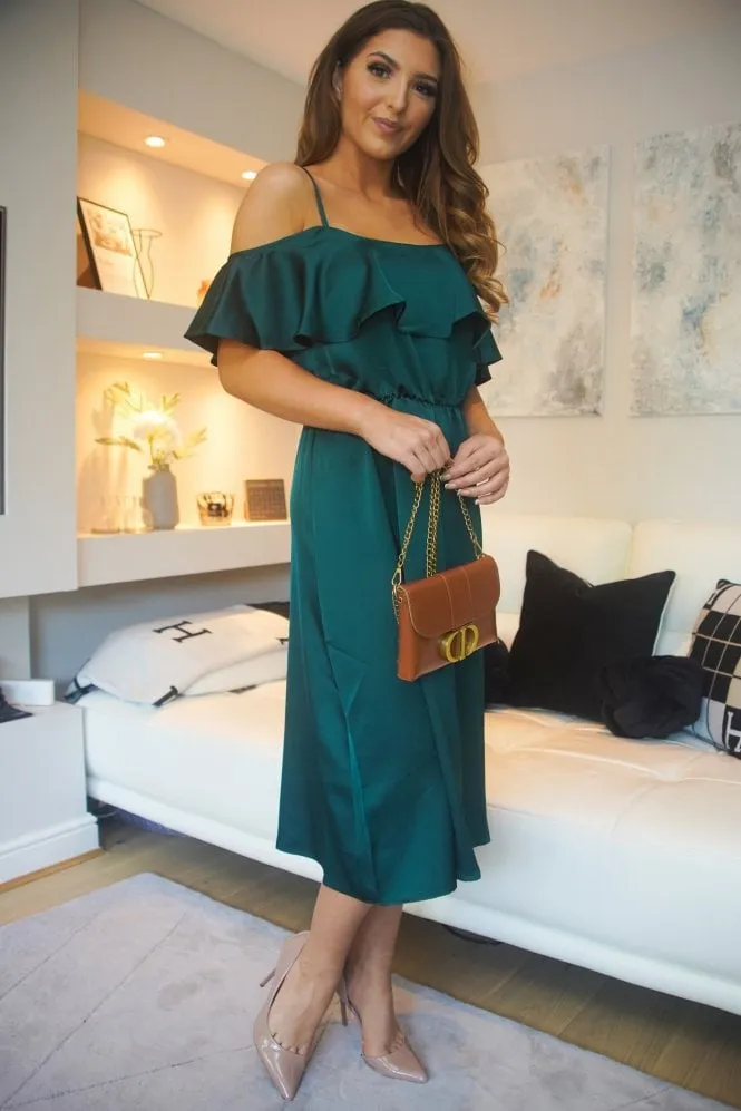 Green Off Shoulder Satin Midi Dress