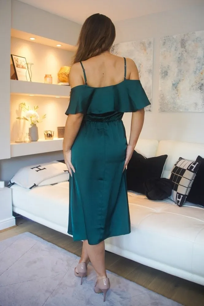 Green Off Shoulder Satin Midi Dress