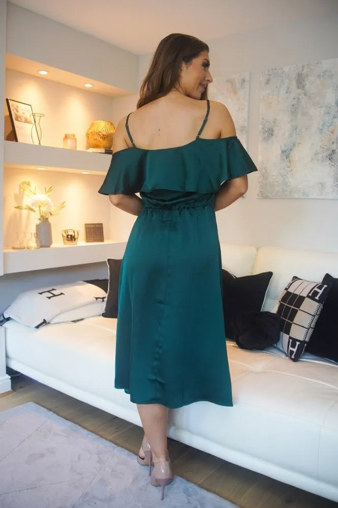 Green Off Shoulder Satin Midi Dress