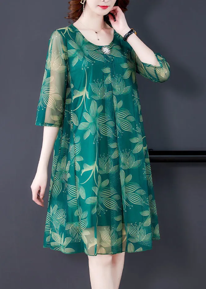 Green O Neck Half Sleeve Tulle Dress