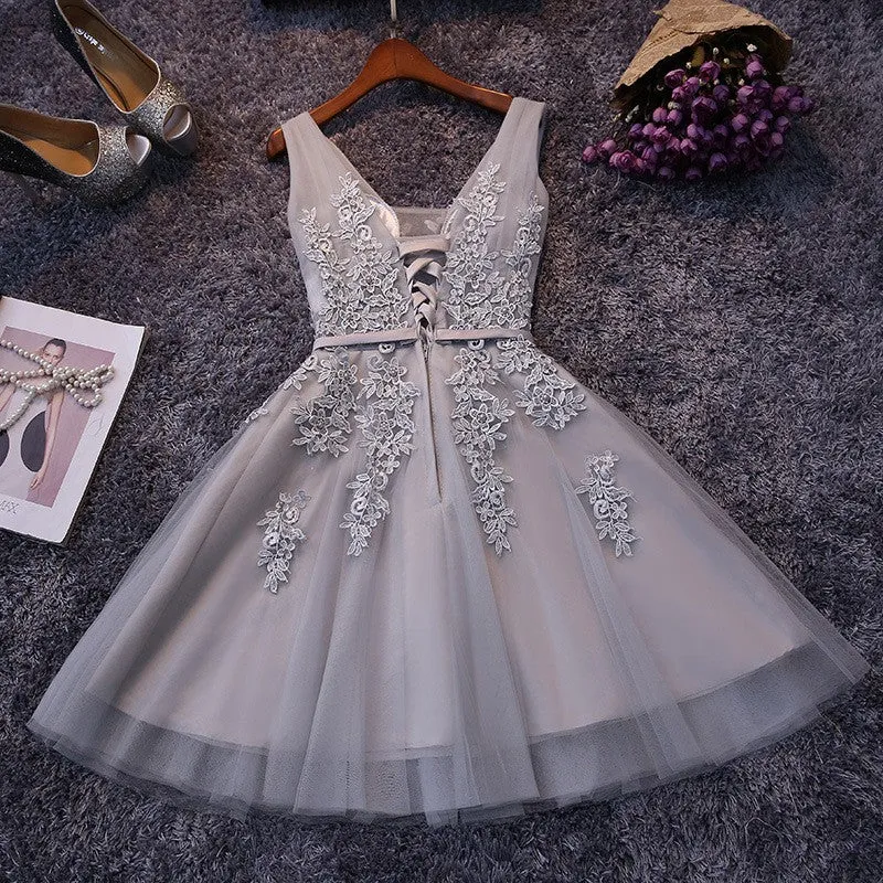 Grey Short Prom Dress with Lace for Homecoming;