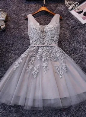 Grey Short Prom Dress with Lace for Homecoming;