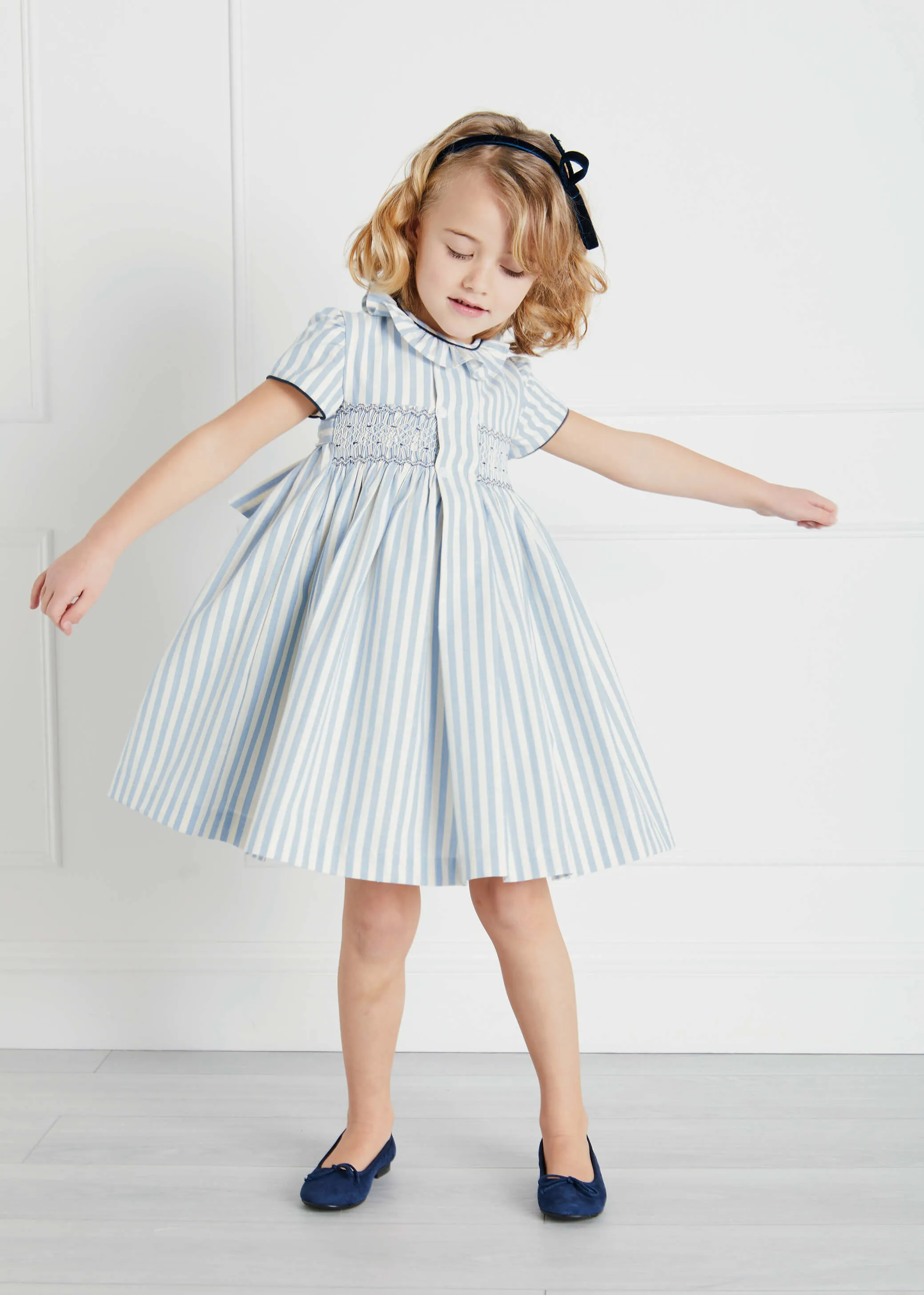 Blue Handsmocked Delicate Stripe Short Sleeve Dress (12mths-10yrs)