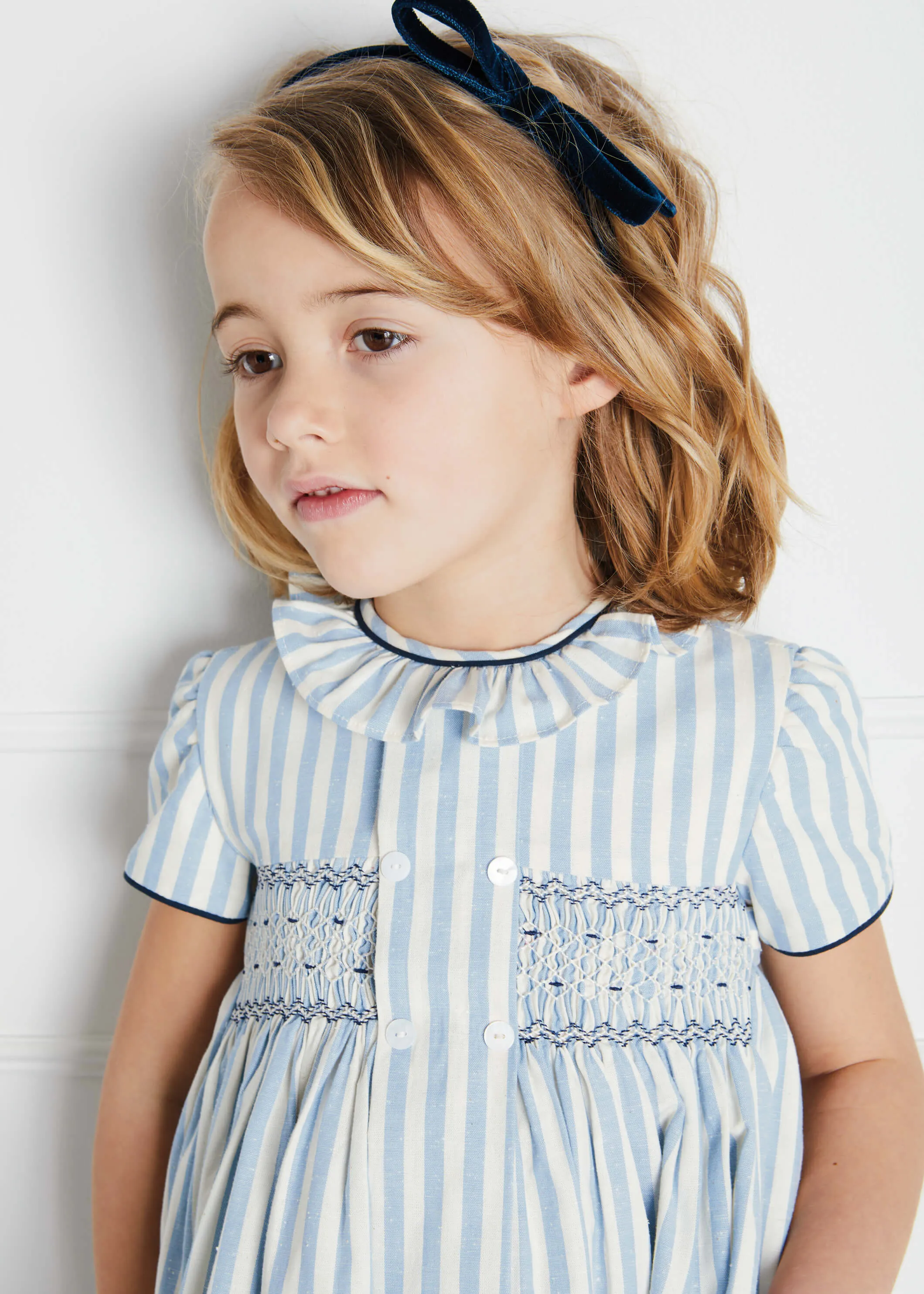 Blue Handsmocked Delicate Stripe Short Sleeve Dress (12mths-10yrs)