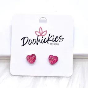 Hot Pink 8mm Sparkle Heart Stud Earrings