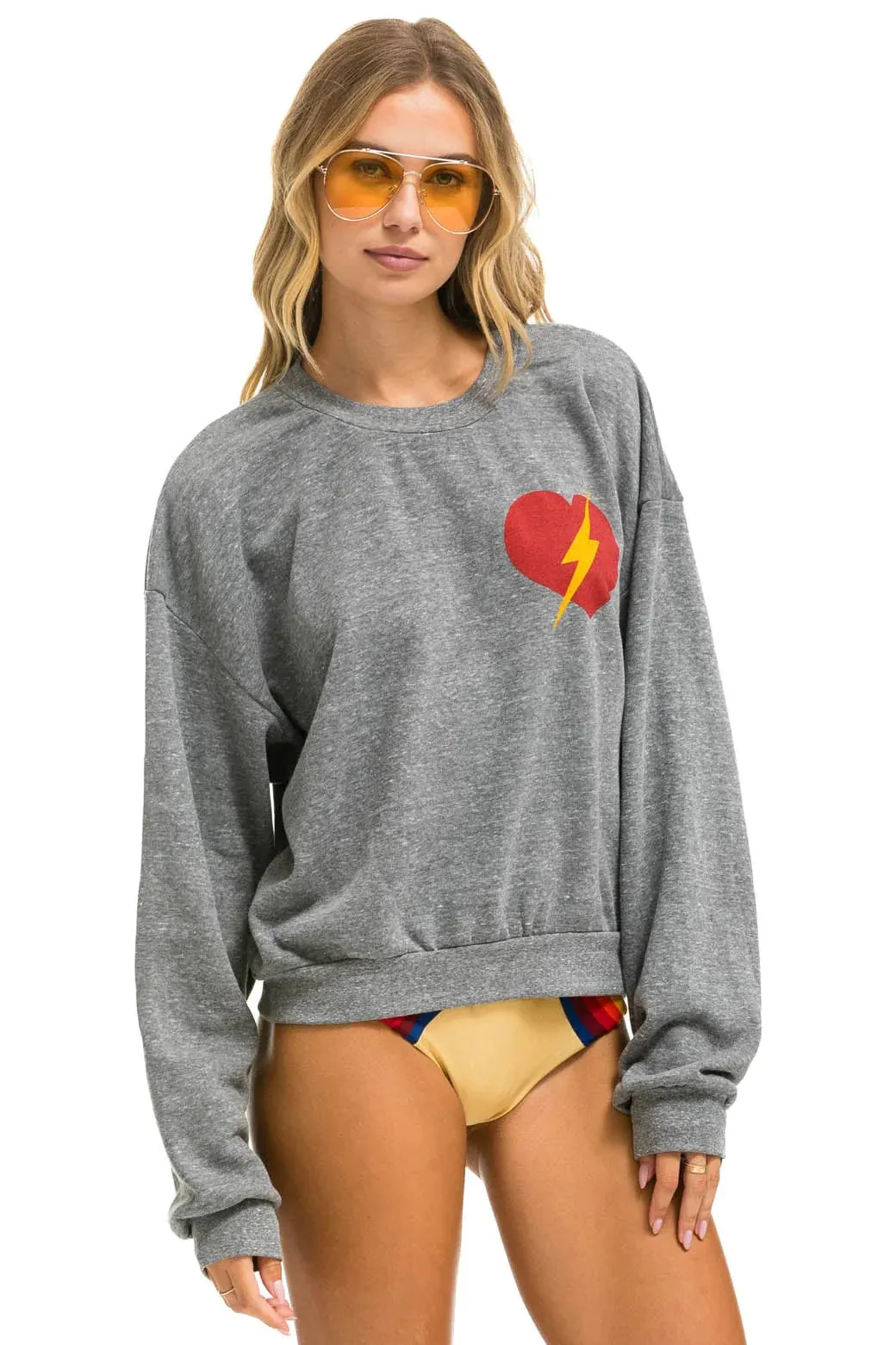 Aviator Nation Bolt Heart Relaxed Crew Sweatshirt - Heather Grey