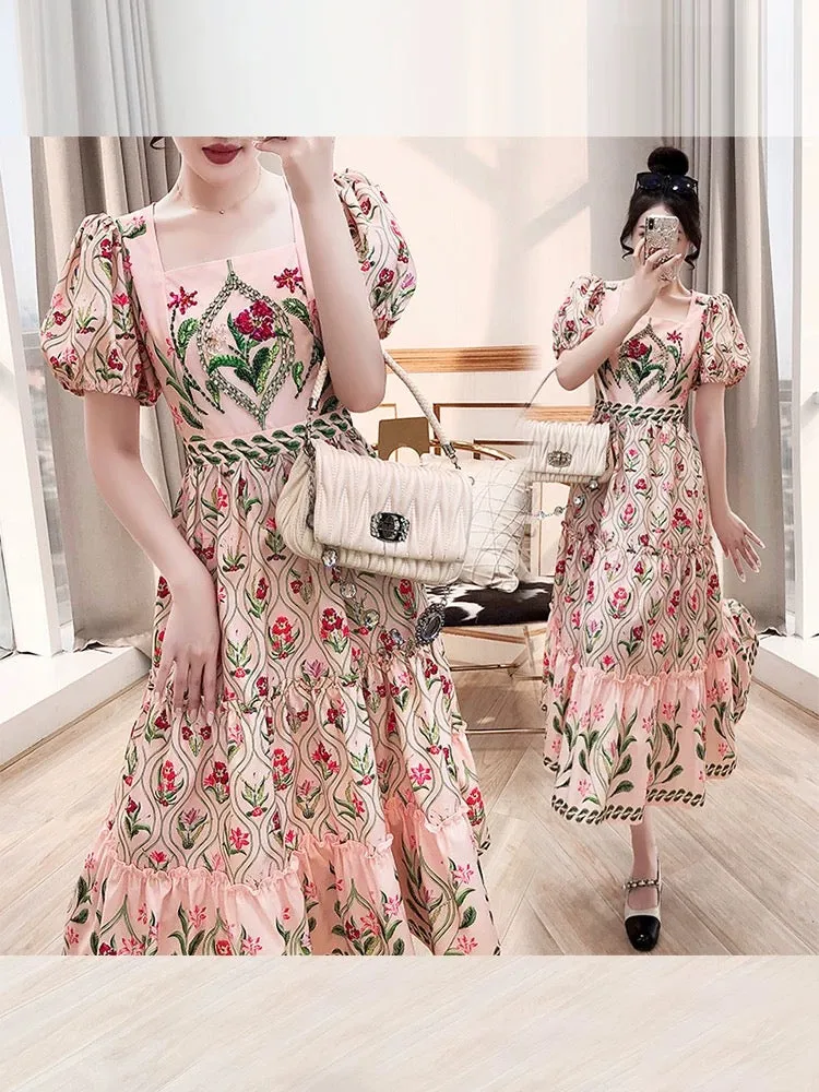 Heavy industry skirt with diamonds 2024 new women's summer mid-length pink floral square collar small fresh dress