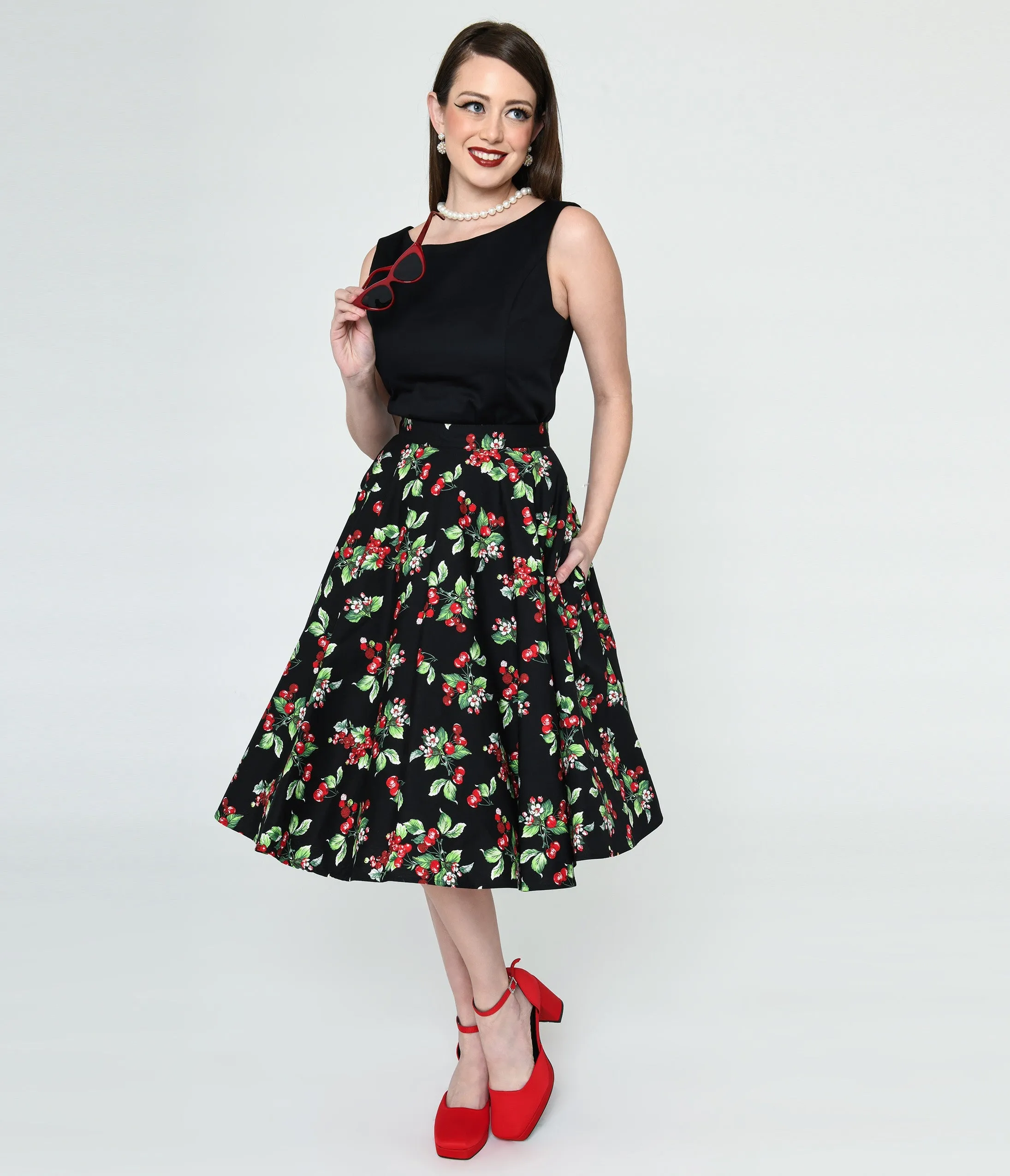 Black & Cherry Print Swing Skirt by Hell Bunny