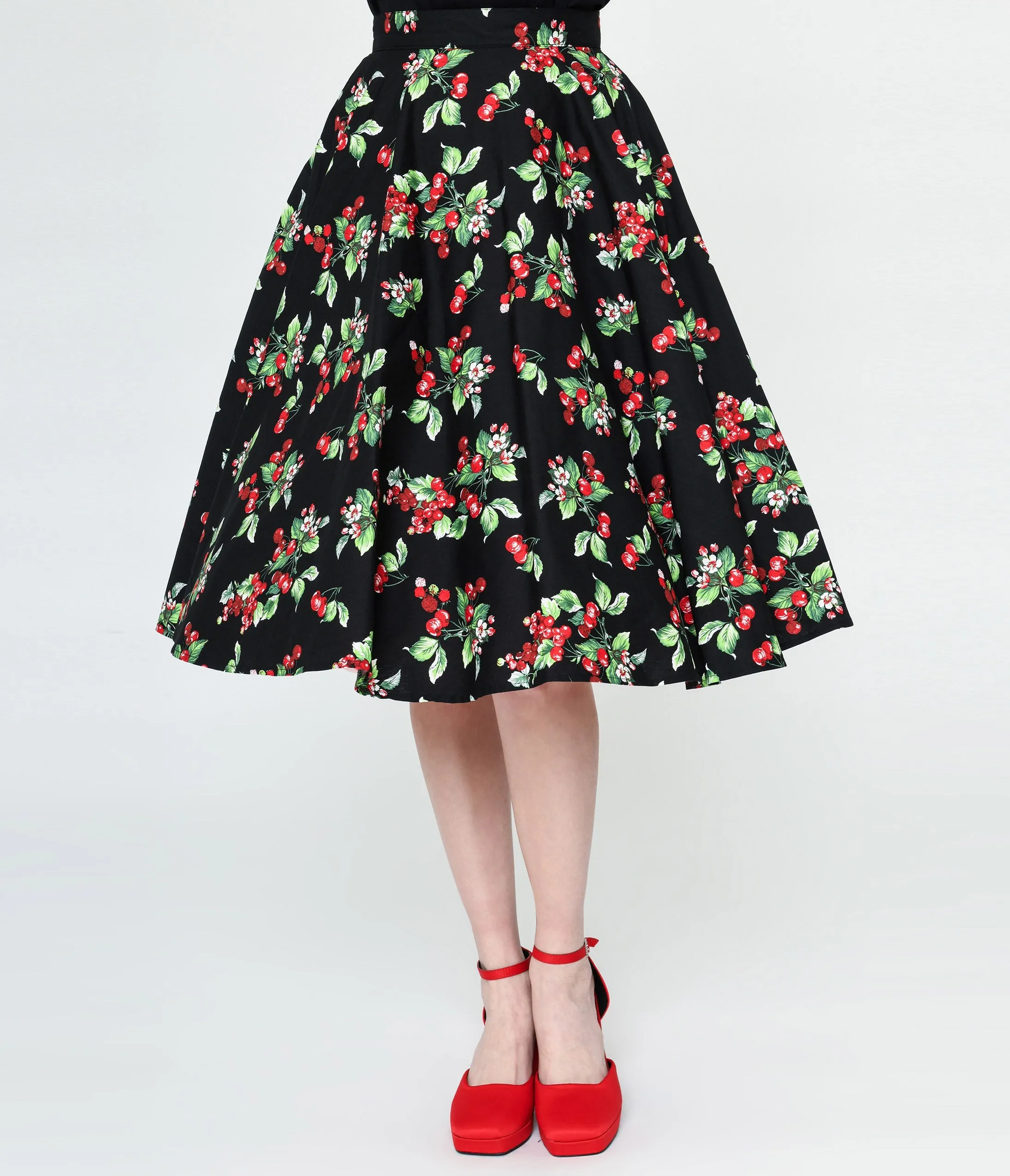 Black & Cherry Print Swing Skirt by Hell Bunny