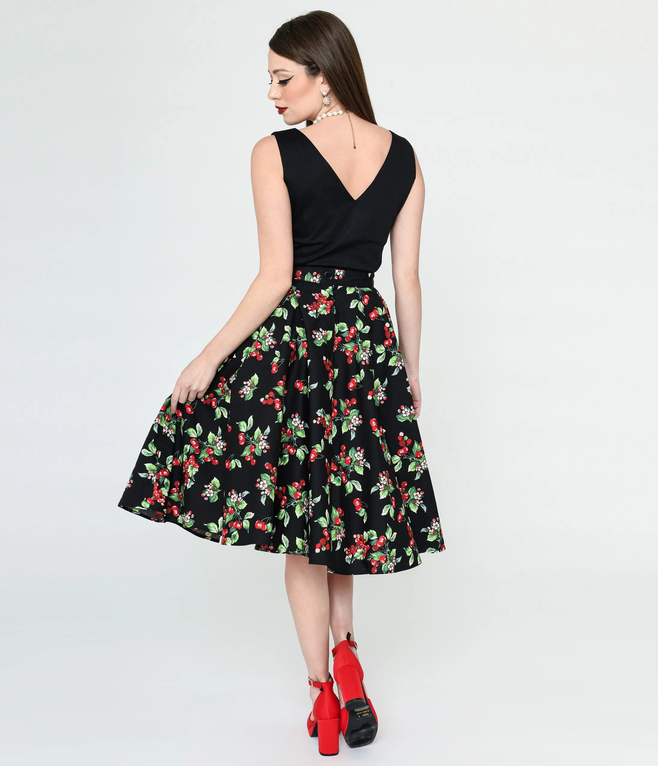 Black & Cherry Print Swing Skirt by Hell Bunny