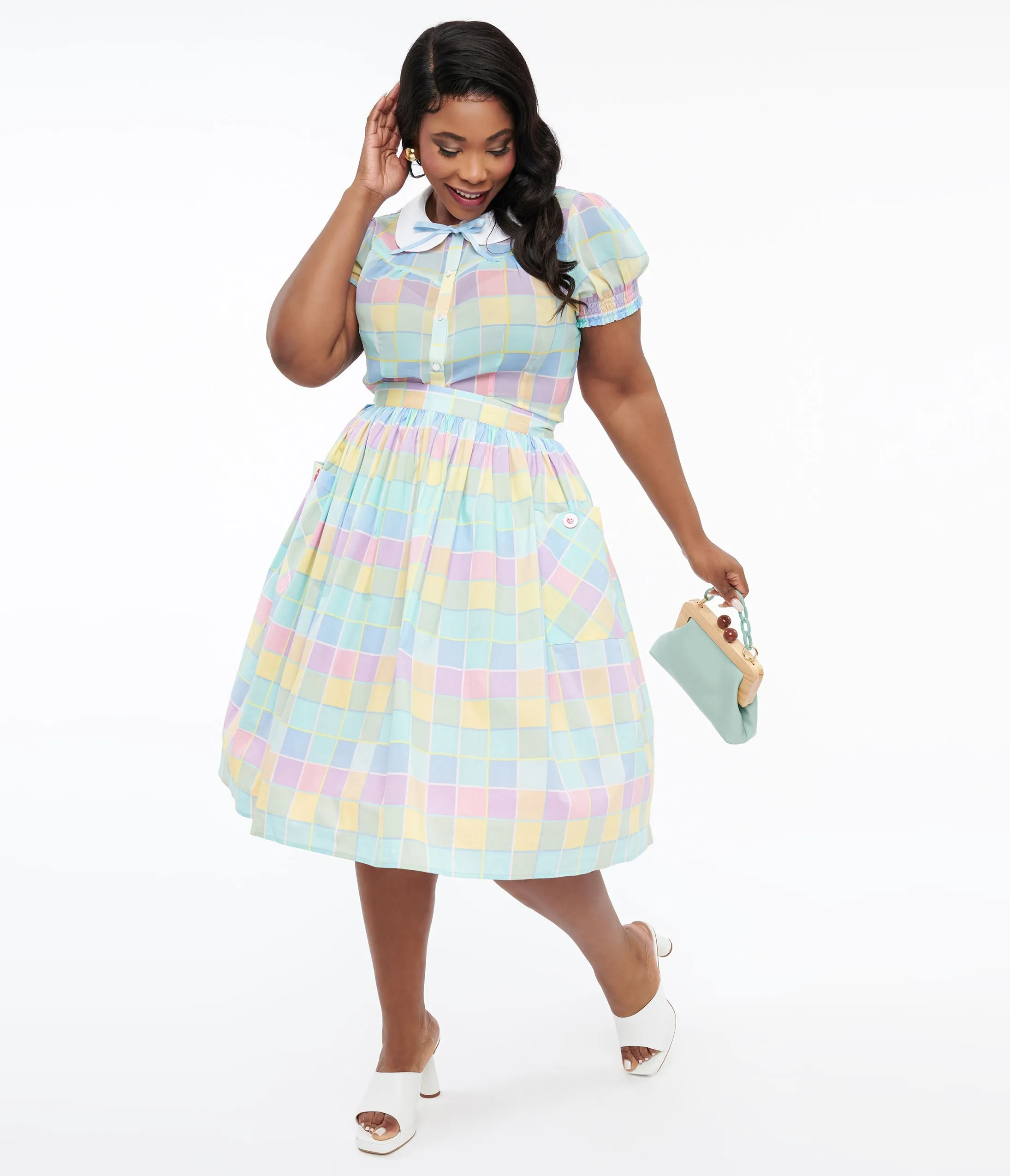 Plus Size Pastel Check Cotton Skye Swing Skirt by Hell Bunny