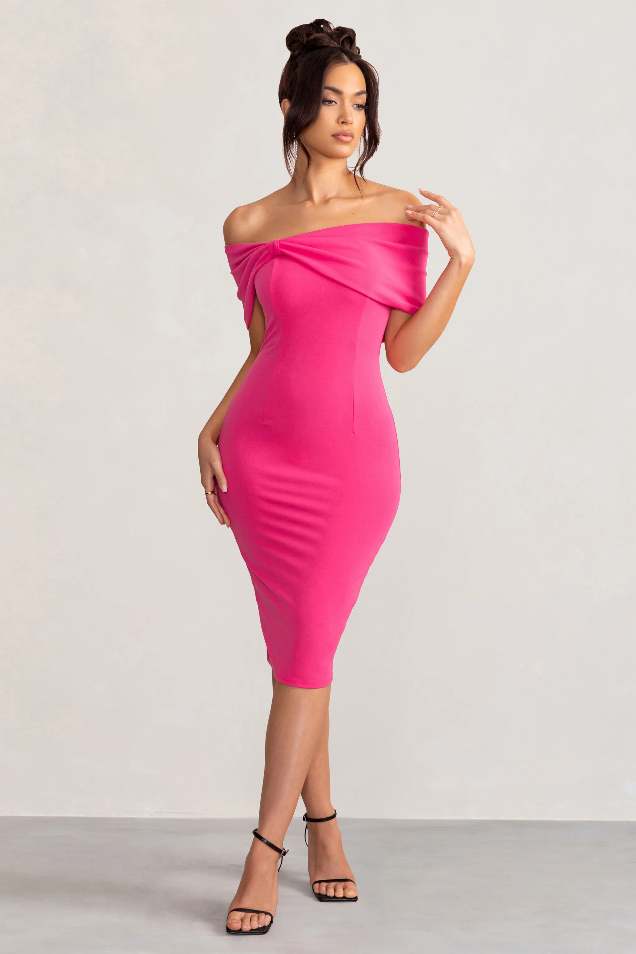 Alyssa Hot Pink Bardot Bow Detail Midi Dress