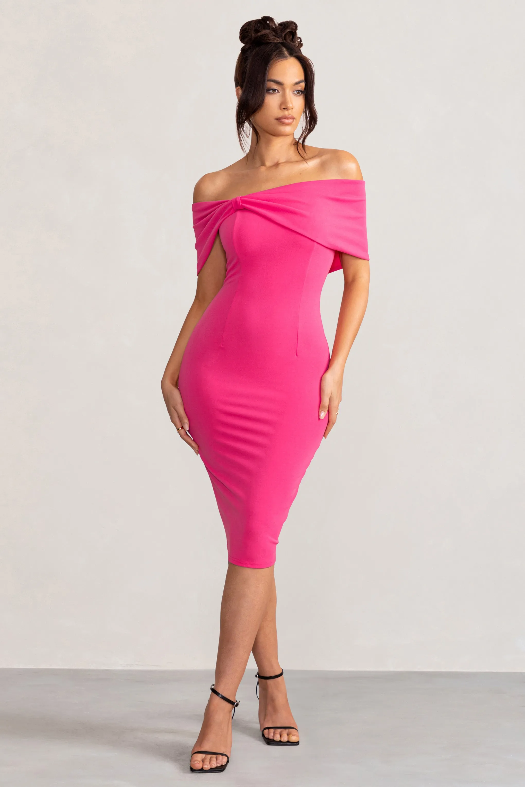 Alyssa Hot Pink Bardot Bow Detail Midi Dress