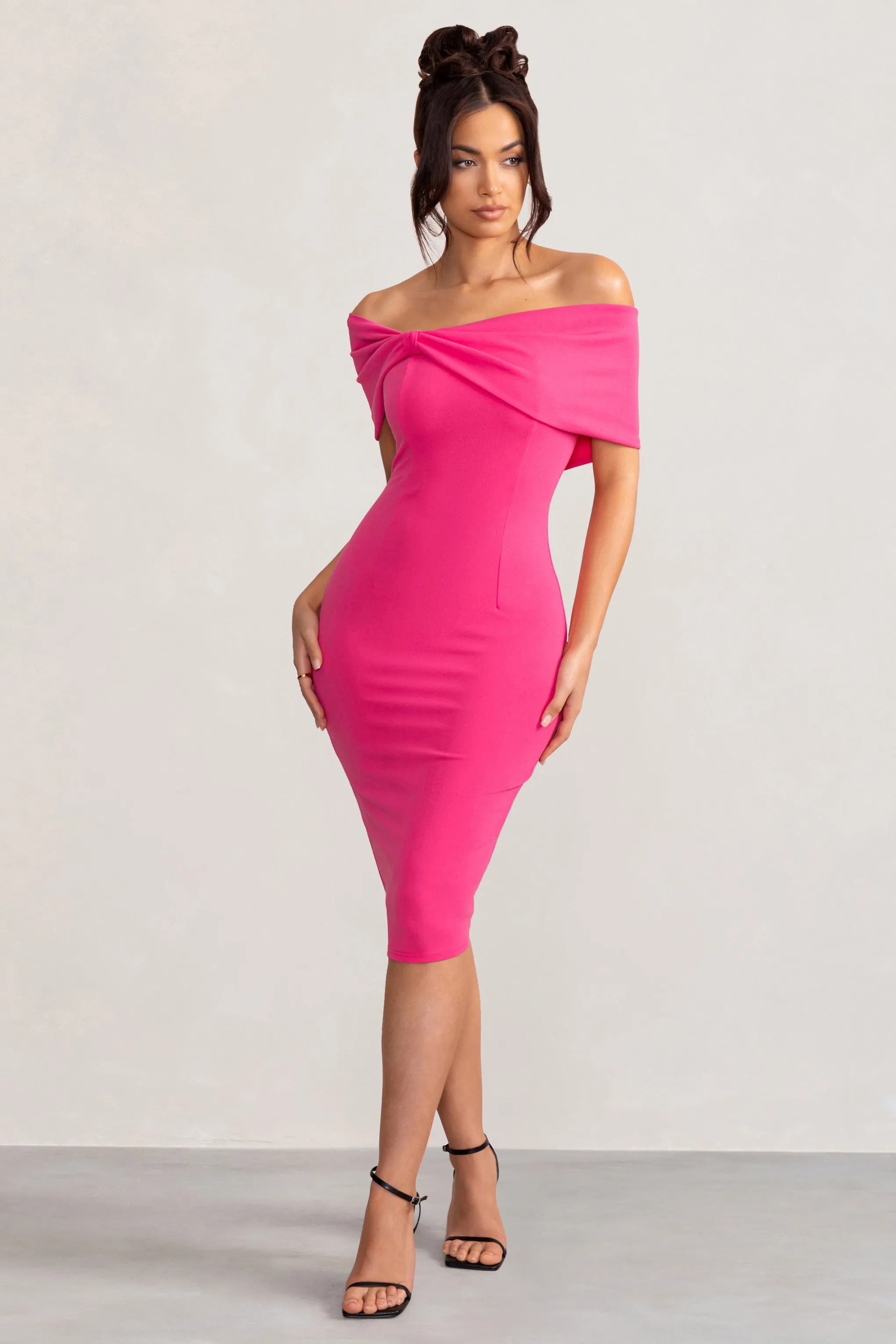 Alyssa Hot Pink Bardot Bow Detail Midi Dress