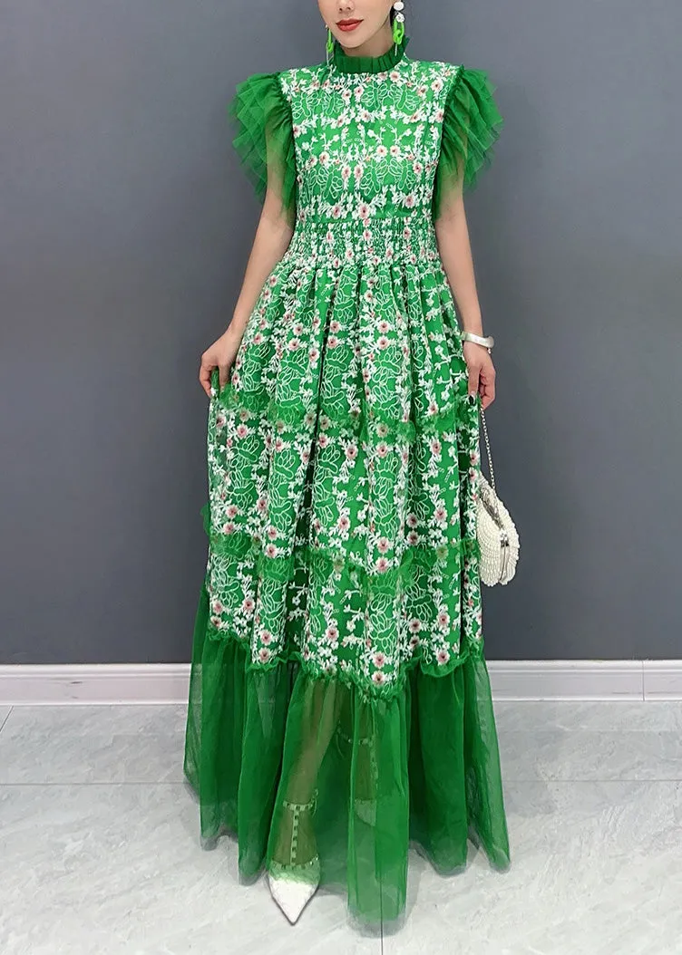 Italian Green Print Ruffled Patchwork Tulle Dresses with Butterfly Sleeves