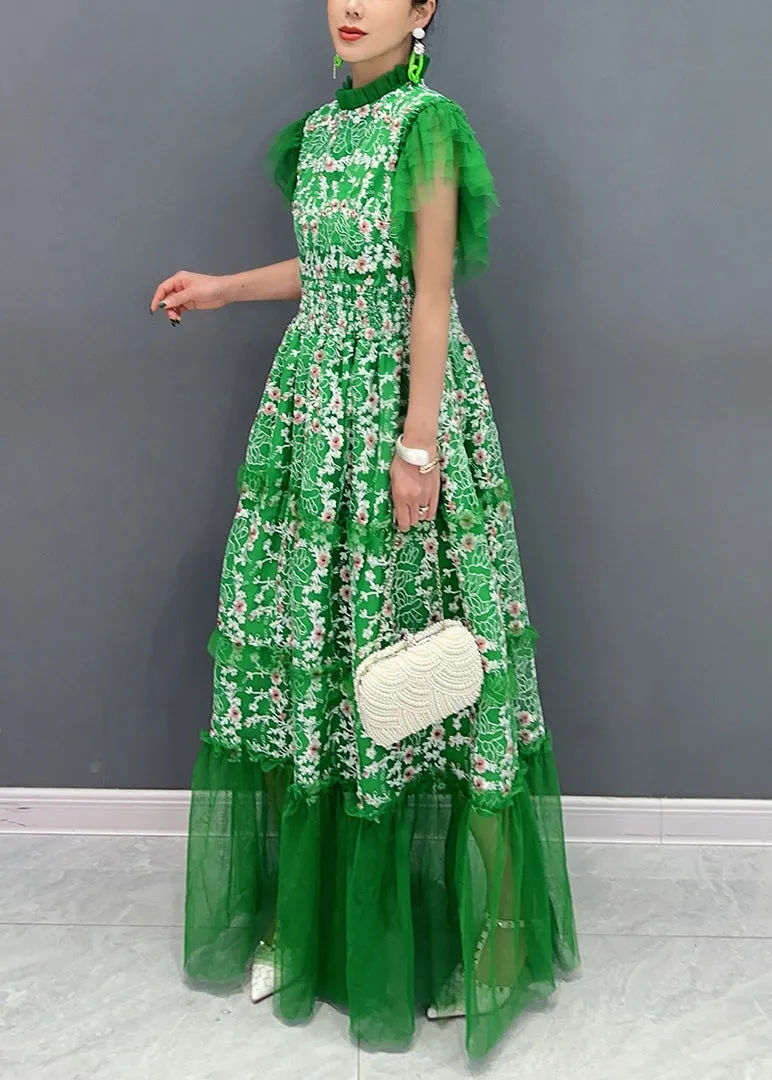 Italian Green Print Ruffled Patchwork Tulle Dresses with Butterfly Sleeves