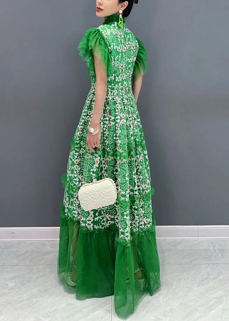 Italian Green Print Ruffled Patchwork Tulle Dresses with Butterfly Sleeves